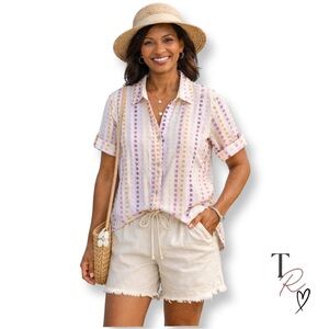 Alfred Dunner Clip Dot Short Sleeve Button Down Shirt Women's Size Small